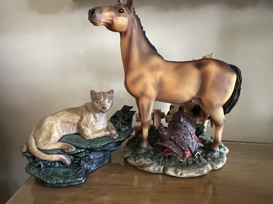 Mountain Lion and Horse Resin Figurines