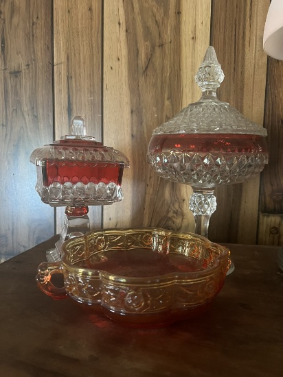 Westmoreland and Indiana Glass Ruby Red Dishes and Carnival Glass Dish