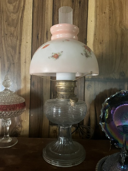 Electrified Kerosene Lamp w/Pink Flowered Shade