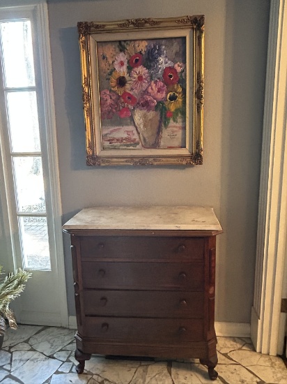 Marble-Top Chest-of-Drawers & Framed Floral Print