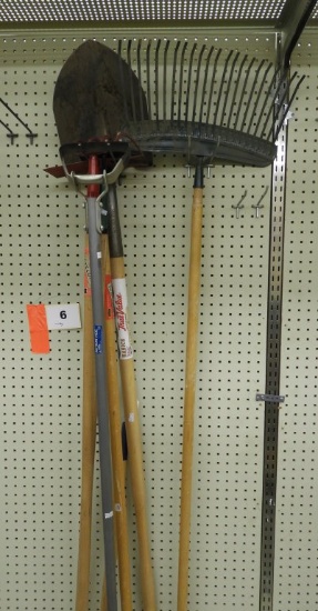 Garden tool pkg: shovel, rake, hoe, weeder