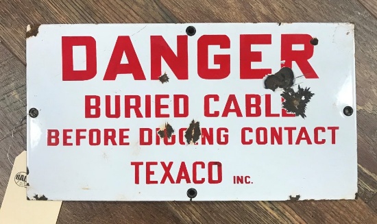 Texaco Buried Cable Porcelain Sign 8"x15"