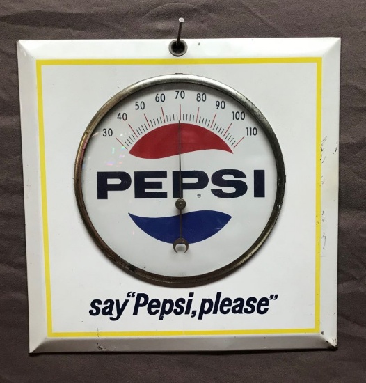 Pepsi Glass Front Tin Thermometer 9"x9"