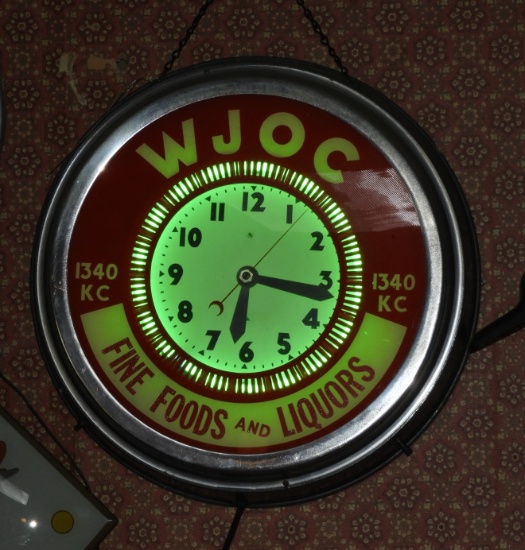 WJOC Fine Foods & Liquors neon spinner clock, 21"