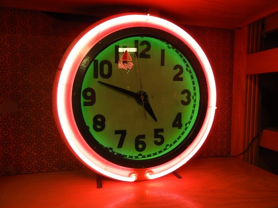 Funnel clock, open aluminum face neon