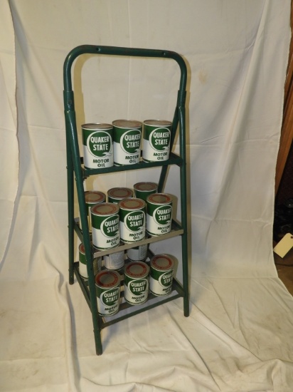 Oil can rack w/ 15 Quaker State oil cans, 17"X40"
