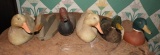 Group of 6 decoys, 1 leather, 1 hand carved