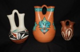 3 Indian clay vessels, tallest 7 1/2