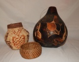 Indian woven bowl, Indian woven vase & etched gour