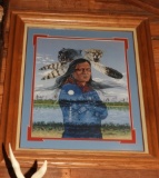 Kelley Haney print Indian w/ cougar & wolf, framed
