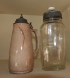 Soda fountain jar w/ zinc lid & crockery syrup jar