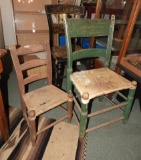 3 primitive slat back chairs, 2 w/ leather seats