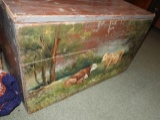 Pine box w/ painted cow scene w/ 3 wooden stools