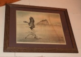Framed & matted water stained eagle landing