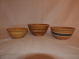 3 yellow ware multi stripe bowls