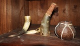 3 Indian pieces - 2 carved horn pcs, 1 clay vessel