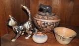 4 pcs - 1 lidded bear pottery pot, 1 cat, 1 candle