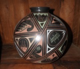 Black Indian pottery piece w/ colors, 13
