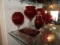 5 pcs ruby red & clear lidded vases, dresser box