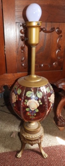 Hand painted cranberry glass lamp