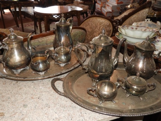 2 silver plate serving sets, both w/ coffee, more