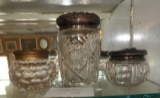 Cut glass biscuit jar & 2 clear glass dresser jars