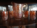 Marigold Carnival pitcher & glass set w/ 4 glasses