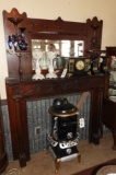 Tiger oak wooden mantle w/ beveled mirror, column