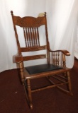 Spindle & pattern back oak rocker, bent wood arms