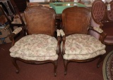 2 cane back chairs w/ upholstered cushions, carved