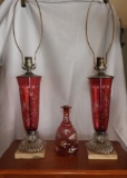 3 pcs, 2 matching etched cranberry & clear glass