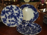 3 pcs, 2 flow blue plates & flow blue bowl