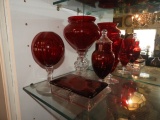 5 pcs ruby red & clear lidded vases, dresser box