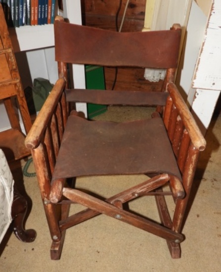 Unusual folding wooden rocker w/ leather seat