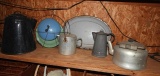 Group including gray graniteware teapot, blue gran
