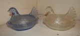 2 glass hen on nest candy jars