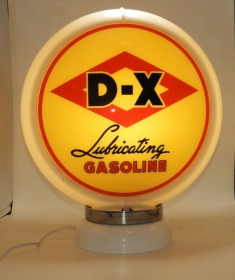 DX lubricating gasoline, red and tan