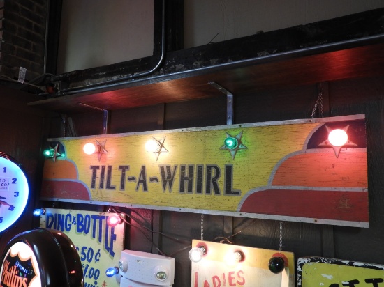 Carnival Tilt-a-Whirl wooden sign w/ colored light