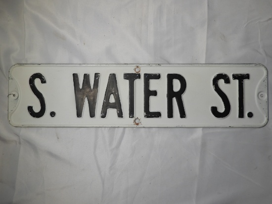 Stamped steel street sign "S Water St." 24"x6"