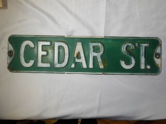 Stamped steel street sign "Cedar St." 24"x6"