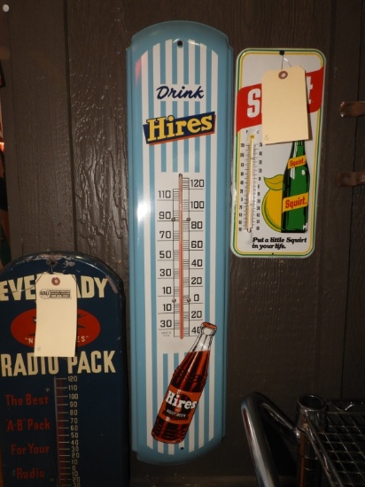 Drink Hires w/ bottle graphics tin thermometer, 7"