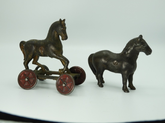 Cast iron horse bank, & other bank