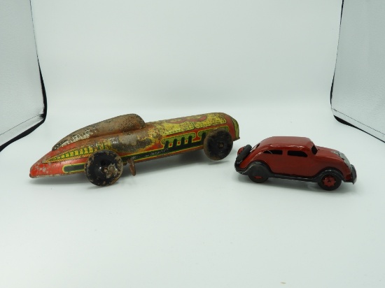 2 tin toys - 1 tin car, 6"Lx2"T, #8 race car 12"Lx