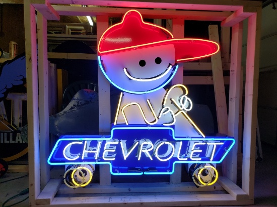 Chevrolet boy tin neon sign, with flasher, 48x53in