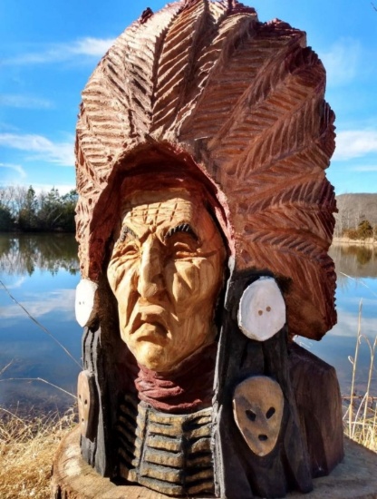 Hand carved wooden Indian head w/ headdress