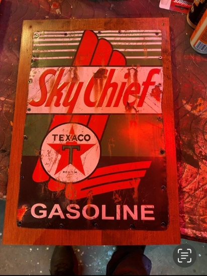 Skychief Texaco metal sign, framed 12"x17 1/2"