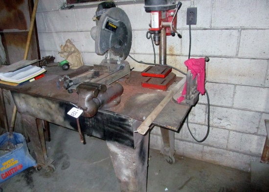 Bench with Vise, Chop Saw & Drill Press!