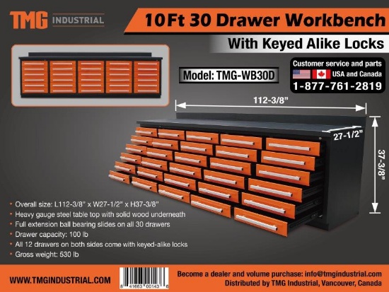 TMG Industries 10’ Heavy Duty 30 Drawer Work Bench - New!