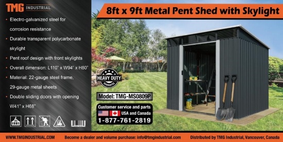 TMG Industries 8’ x 9’ Metal Pent Shed with Skylight - New!