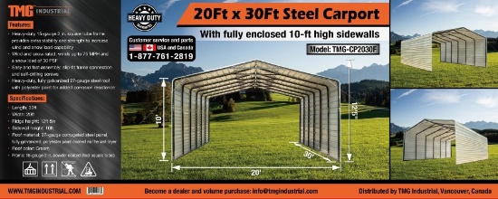 TMG Industries 20’ x 30’ Steel Carport - New!
